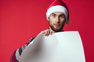 emotional man in a christmas white mockup poster isolated background photo