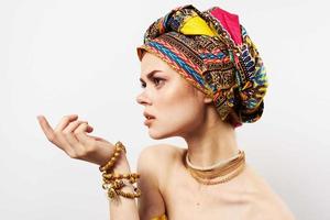 joyful woman multicolored turbans home decoration fashion photo