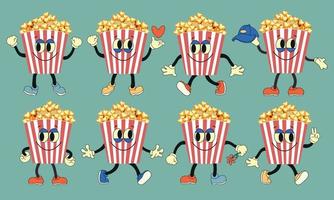 Set of cartoon funny popcorn characters. Vector striped, paper bucket of popcorn with a cute smiley face. Fast food for cinema, funny character with positive emotions.