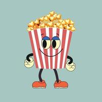 Cartoon funny popcorn character. Vector popcorn bucket with cute smiling face, arms, legs. Fast food for cinema, funny character with positive emotions.