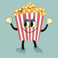 Cartoon funny popcorn character. Vector popcorn bucket with cute smiling face, arms, legs. Fast food for cinema, funny character with positive emotions.