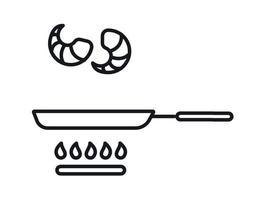 Put the shrimp in a frying pan. Frying pan on a gas stove. Vector illustration. Line style icon