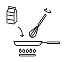 Add milk to the pan and stir. Frying pan on a gas stove. Vector illustration. Line style icon