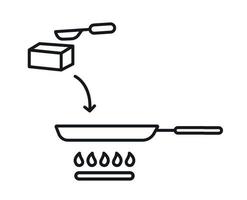 Add the oil to the speed. Frying pan on a gas stove. Vector illustration. Line style icon