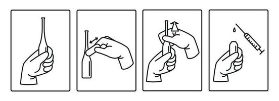 Instructions on how to open the ampoule. Vector illustration.