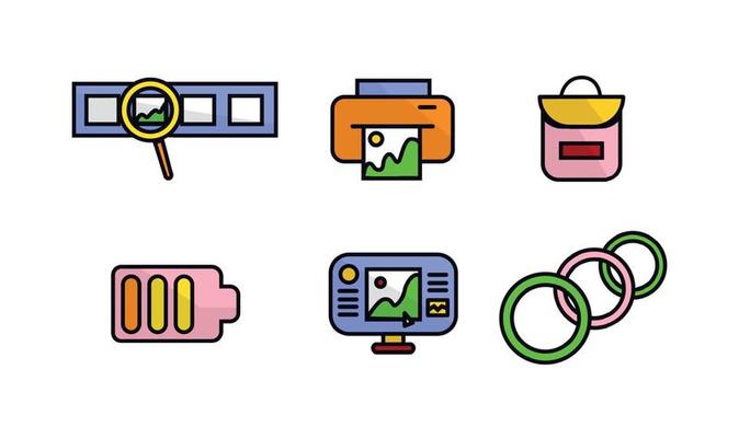 Icons photographer. Photographer equipment icons set colored. Photo paper, photographic format, tripod, camera roll, lens, soft-umbrella, focus
