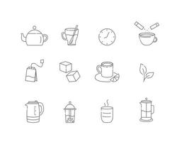 Tea linear icons. Everything for tea drinking. Vector