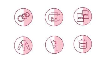 Icons photographer. Photographer equipment icons set pink color. Ring lamp, printer, photo paper, format, tripod, zone softbox, camera bag vector