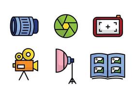 Colored photographer icon set. Photographer equipment icons. Lens, shutter, focus, photography, softbox, photo album. vector