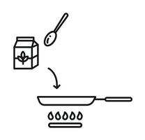 Add the milk to the pan. Frying pan on a gas stove. Vector illustration. Line style icon