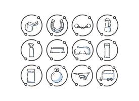 Horse equipment icons. Horse care tools icons set. Saddle, horseshoe, fishing rod, foot protection, cleaning agent, brush, feed, wheelbarrow, horse trailer vector