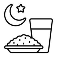 Rice bowl with water glass and crescent moon vector of iftar icon