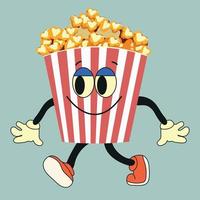 Cartoon funny popcorn character. Vector popcorn bucket with cute smiling face, arms, legs. Fast food for cinema, funny character with positive emotions.