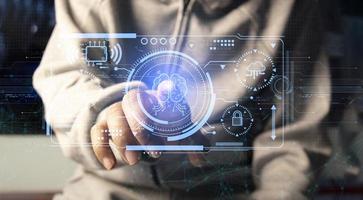 technology ai artificial intelligence A person who uses artificial intelligence AI smart robot technology by inputting commands to create something. future technological changes photo