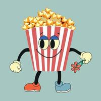 Cartoon funny popcorn character with flower. Vector bucket of popcorn with a cute smiley face. Fast food for cinema, funny character with positive emotions.