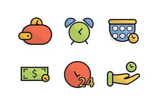 Icons time, time is money. Wallet with a coin, calculator with a coin, dollar with a coin, banknote with a coin, clock with numbers, hand with a coin, hand with a coin vector