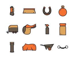 Horse equipment icons. Horse care tools icons colored set. Saddle, horseshoe, fishing rod, foot protection, cleaning agent, brush, feed, wheelbarrow, horse trailer vector