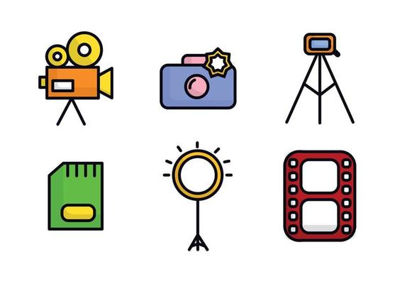 Colored photographer icon set. Photographer equipment icons. Camcorder, camera, tripod, memory card, ring lamp, film
