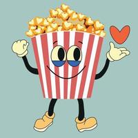 Cartoon funny popcorn character with heart. Vector bucket of popcorn with a cute smiley face. Fast food for cinema, funny character with positive emotions.
