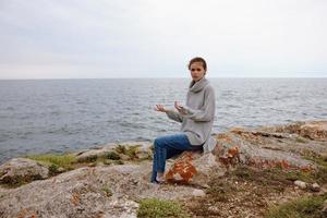 woman nature rocks coast landscape Ocean Lifestyle photo