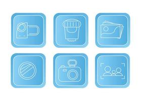 Photography icons. Icon set for the photographer on a blue background squared. Icons camera, camcorder, lens, lens, photograph, focus with silhouettes, on a blue background vector