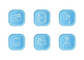Photographer icon set on a blue background. Photographer equipment icons. Camera, film, softbox, memory card, camcorder, tripod vector