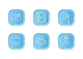 Photographer icon set on a blue background. Photographer equipment icons. Camera, film, softbox, memory card, camcorder, tripod vector