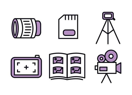 Photographer icon set with purple color. Photographer equipment icons. Photography, woking, lens, camera, memory card, photo album, tripod, shutter, camcorder, softbox, film, ring lamp