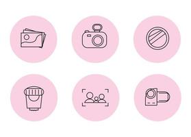 fotografía iconos.icono conjunto para el fotógrafo en un rosado antecedentes. íconos cámara, videocámara, lente, lente, fotografía, atención con siluetas, rosado antecedentes vector