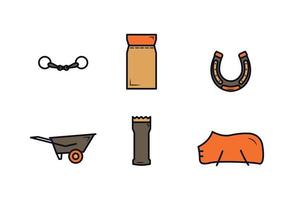 Icons colored equipment for the horse. Colored gear icons for a horse. Horse care tools icons set. Fishing rod, feed, horseshoe, car, grooming machine, blanket vector