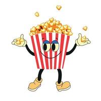 Popcorn cartoon character. Vector bucket of popcorn with a smiling face holding a snack in his hand. Fast food for cinema, funny character with positive emotions.