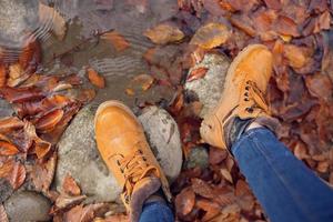 female feet on stones fallen autumn leaves top view photo