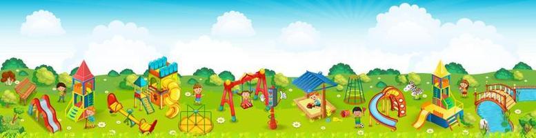 Panoramic playground on the meadow. Vector illustration.