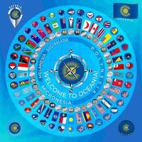 Set of icons of flags of the countries of Oceania in the form of a circle. Australasia, Polynesia, Micronesia and Melanesia. Vector illustration.