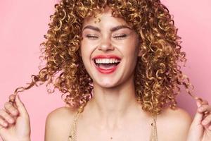 Lady curly hair Big smile closed eyes fun lifestyle photo