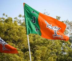 bharatiya janata fiesta bandera de indio político fiesta, bjp bhartiya Janta fiesta bandera ondulación durante pm la carretera espectáculo en Delhi, India foto