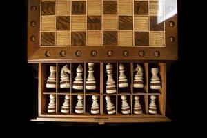 White chess pieces are stacked in a box. A puzzle game with tricky combinations that requires planning and thinking. photo