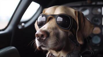 dog driving small car with pilot's glasses, photo