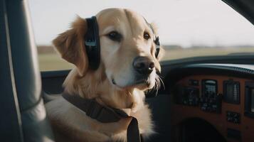 dog driving small car with pilot's glasses, photo