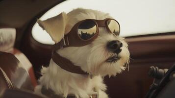 dog driving small car with pilot's glasses, photo