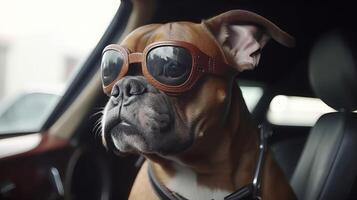 dog driving small car with pilot's glasses, photo