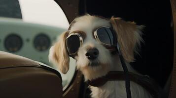 dog driving small car with pilot's glasses, photo