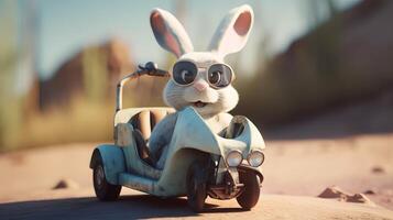 bunny driving a small car with pilot's glasses, 8k - photo