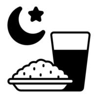 Rice bowl with water glass and crescent moon vector of iftar icon