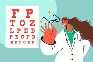 Smiling female oculist recommend glasses for better vision. Happy woman doctor hold eyewear in hands stand near ophthalmological chart. Vector illustration.