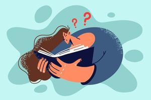 Confused woman reading book. Girl with textbook feel frustrated and doubtful. Education and learning. Vector illustration.