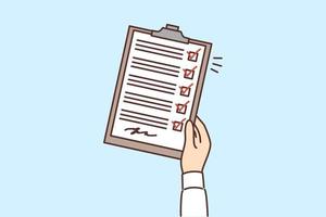 Man hand with clipboard with questionnaire consisting of checkboxes and handwritten signature. Clipboard symbolizes time management and control over execution of scheduled tasks vector