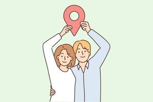 Man and woman stand in embrace and show large geotag to share coordinates for house party or invite friends over. Young couple share geodata on social networks or websites using geotagging vector