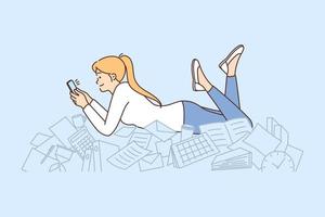 Procrastination woman with phone lies on documents and stationery oblivious to mess. Girl office worker spends working time on procrastination without performing official duties vector