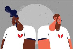 Unhappy interracial couple separate cry after breakup or split. Upset distressed multiethnic man and woman suffer from marriage dissolution. Vector illustration.